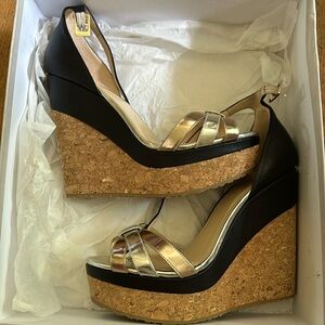 Jimmy Choo Silver/Black Leather Wedge Ankle Strap Sandals 39.5